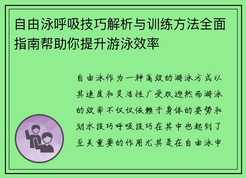 自由泳呼吸技巧解析与训练方法全面指南帮助你提升游泳效率