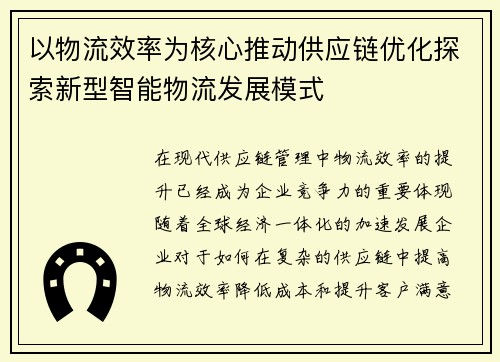 以物流效率为核心推动供应链优化探索新型智能物流发展模式