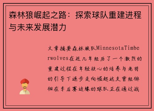 森林狼崛起之路：探索球队重建进程与未来发展潜力