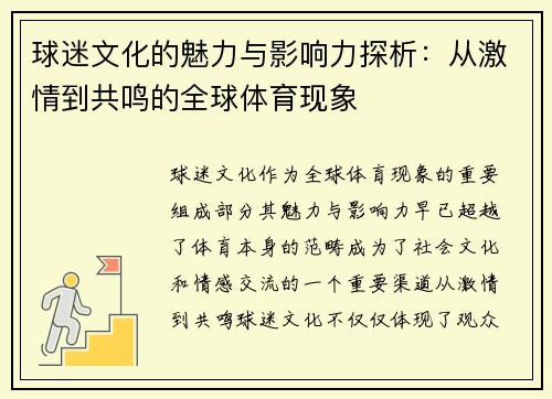 球迷文化的魅力与影响力探析：从激情到共鸣的全球体育现象