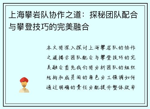 上海攀岩队协作之道：探秘团队配合与攀登技巧的完美融合